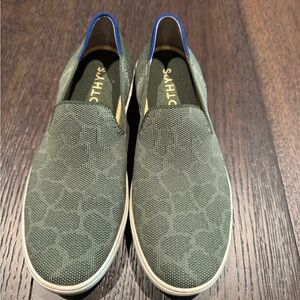 Rothy's Olive Green Safari Knit Slip-On Sneakers with Blue Heel Trim